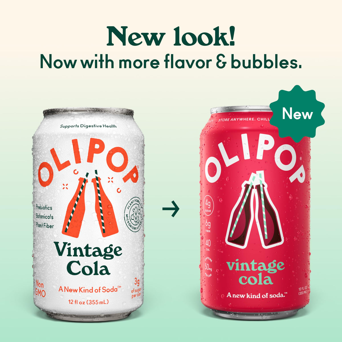 OLIPOP Vintage Cola cans close-up highlighting vanilla, cinnamon, and caramel notes.