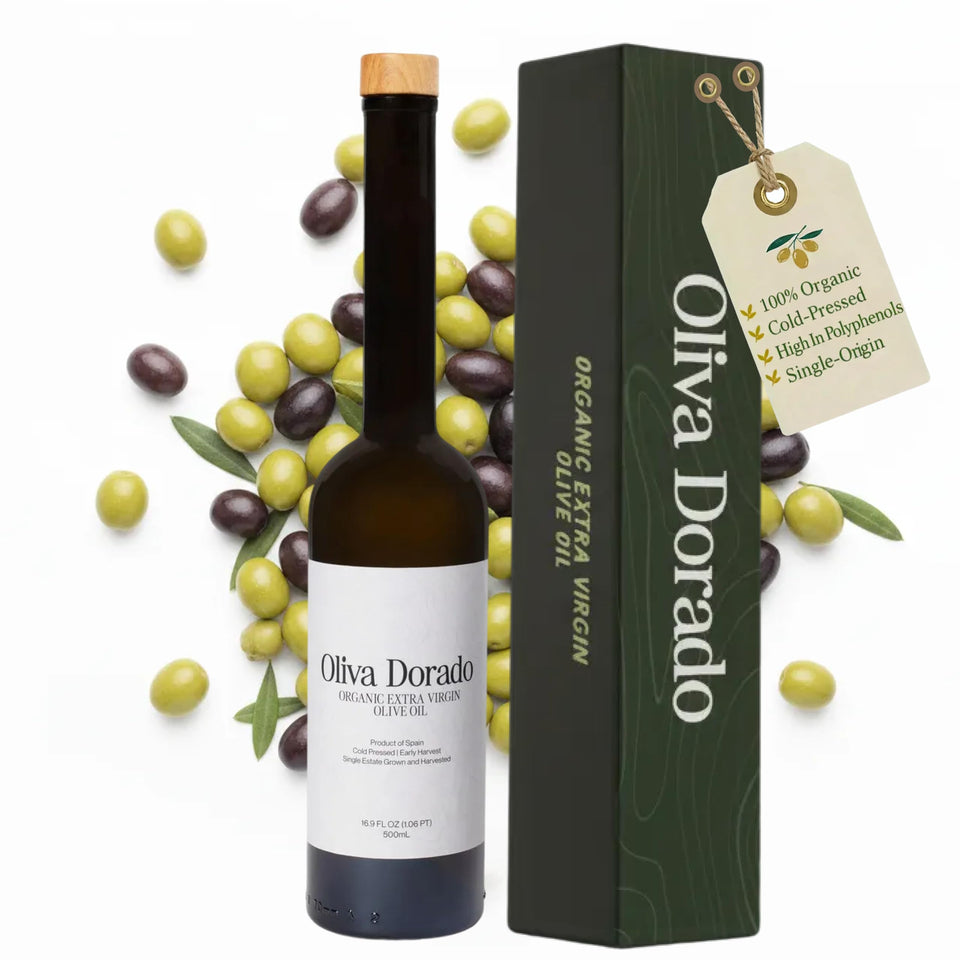 Oliva Dorado bottle front, premium EVOO ready to drizzle.