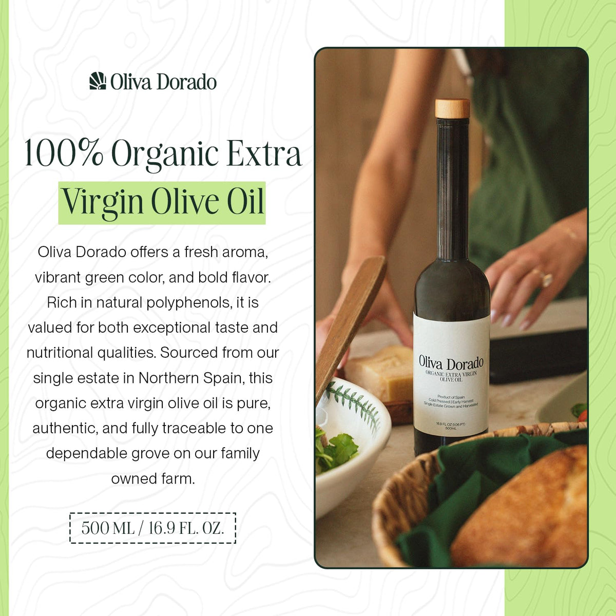 Oliva Dorado bottle pour showing smooth, silky stream for cooking.