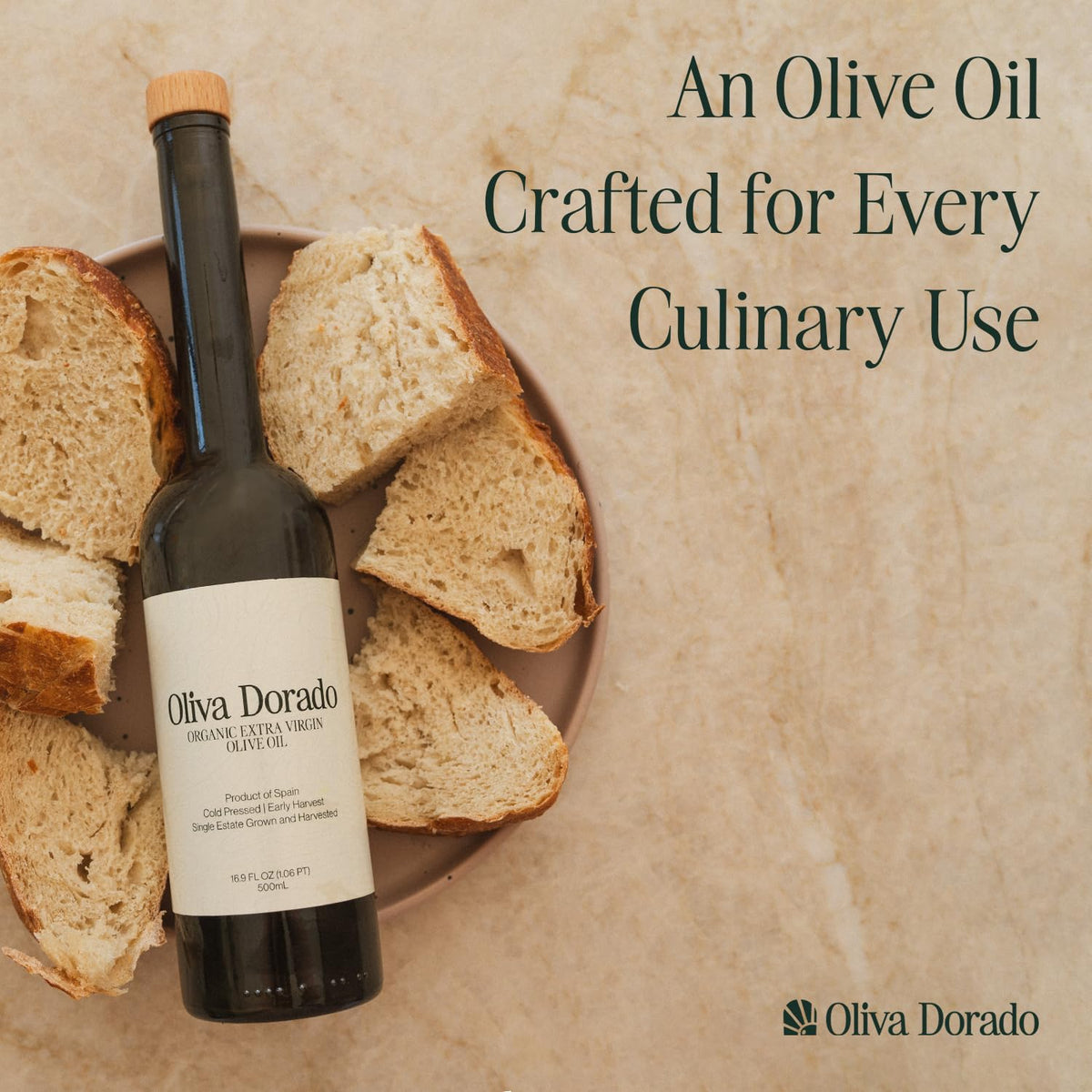 Oliva Dorado golden oil glow on a light surface.