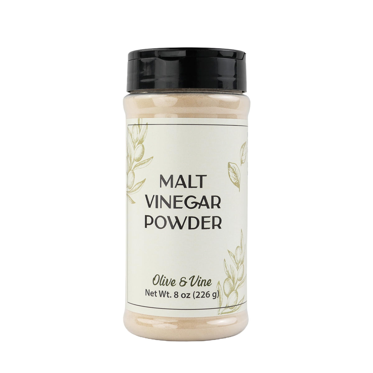 Olive & Vine Malt Vinegar Powder in a reusable shaker jar for garnishing meals.