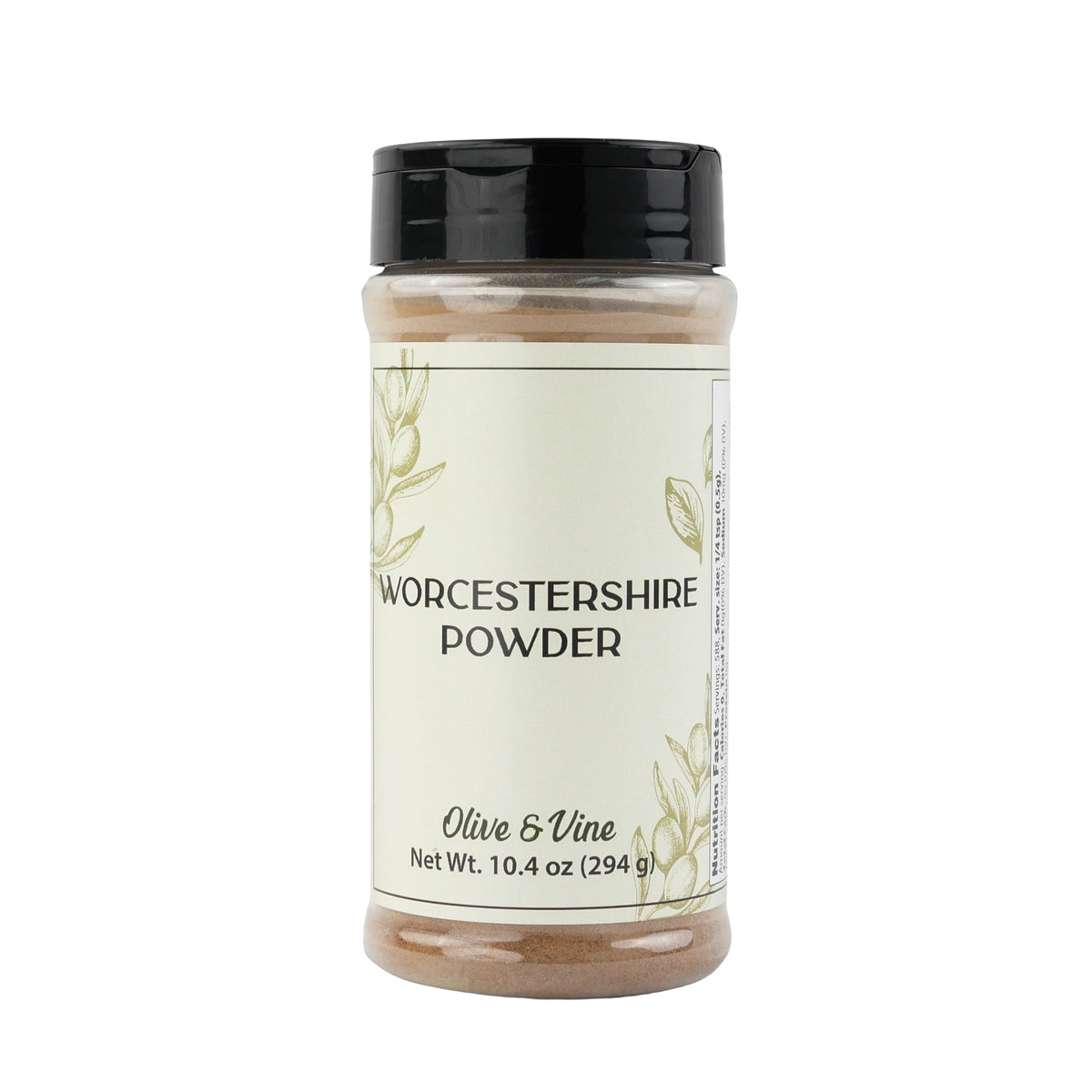 Olive & Vine Worcestershire Powder in a reusable shaker jar for easy garnishing.
