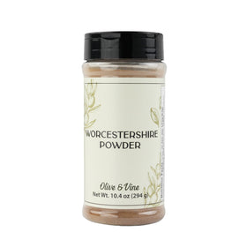 Olive & Vine Worcestershire Powder in a reusable shaker jar for easy garnishing.