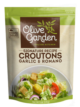 Olive Garden Garlic & Romano Croutons front packaging, ready to top salads