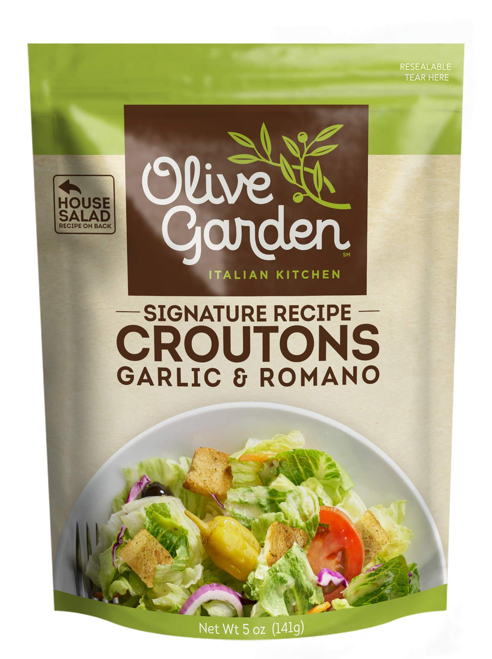 Olive Garden Garlic & Romano Croutons front packaging, ready to top salads