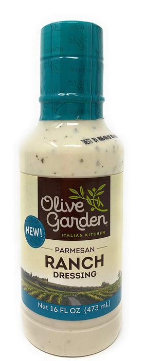 Olive Garden Parmesan Ranch Dressing bottle pour with creamy texture for dipping.