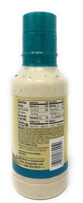 Olive Garden Parmesan Ranch Dressing label closeup highlights cheese notes.