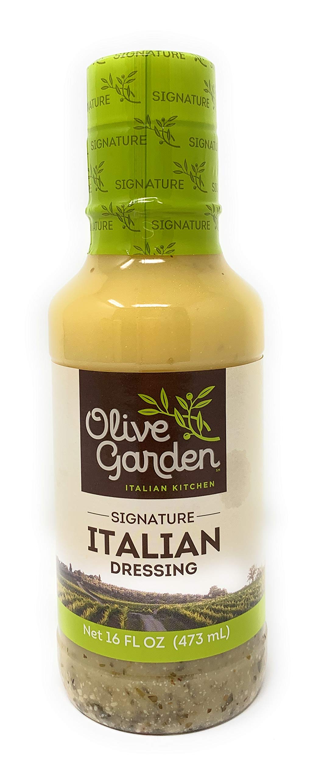 Olive Garden Signature Italian Dressing label closeup emphasizing herbs and Romano and parmesan notes.
