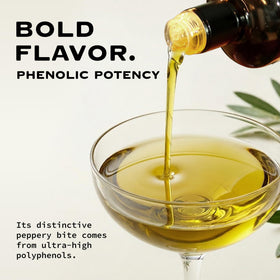 Olivea bottle being poured to savor a peppery finish.