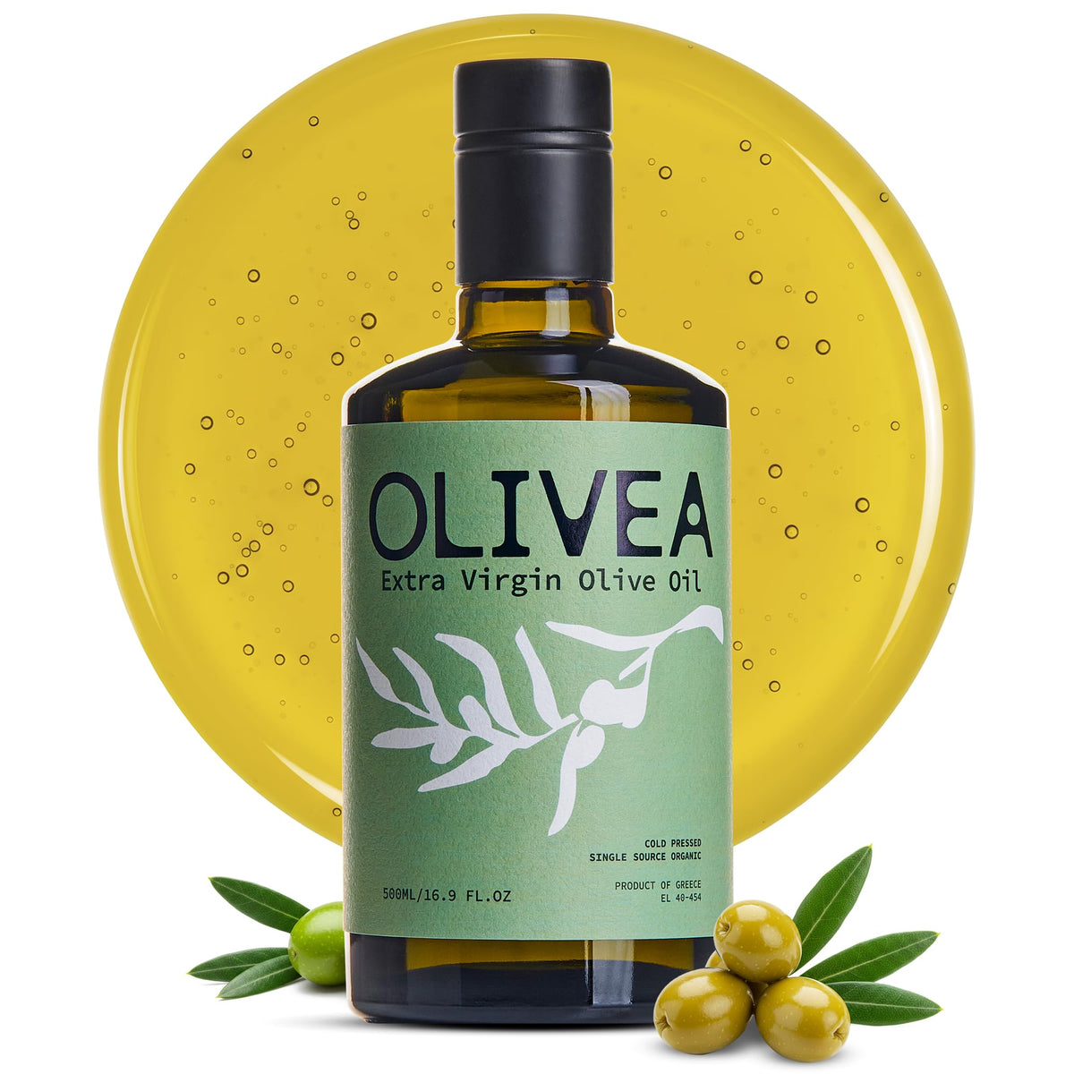 OLIVEA High Phenolic Olive Oil bottle pour highlights robust polyphenols for finishing flavor