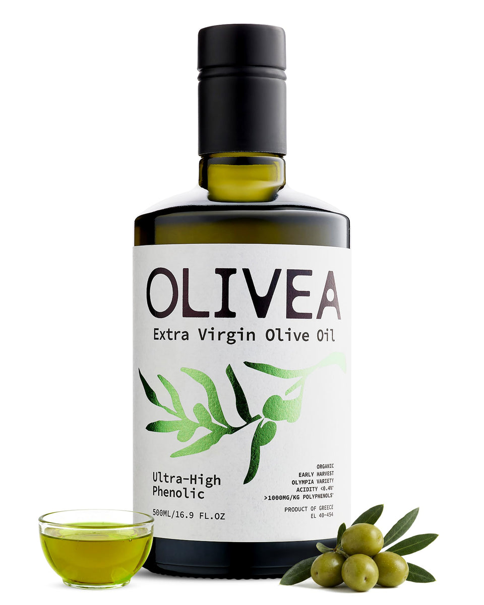 Olivea ultra-high phenolic olive oil bottle on counter for bold peppery finishing.