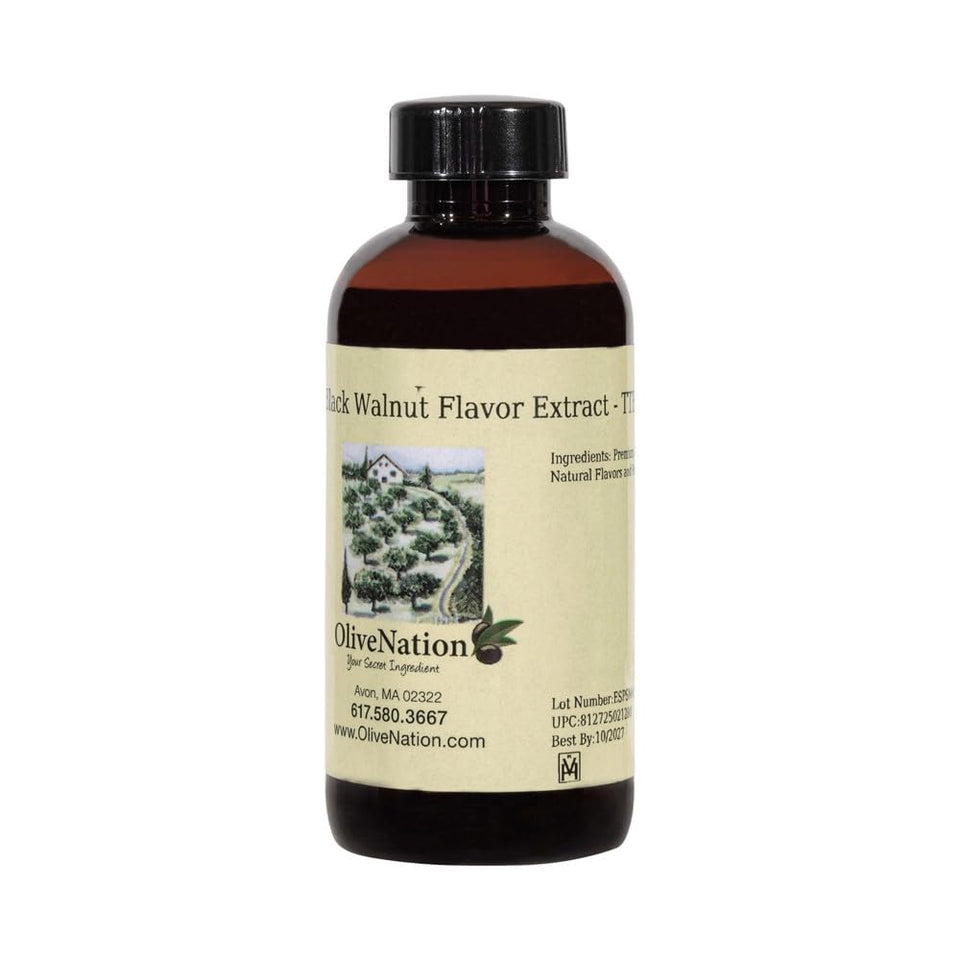 OLIVENATION Black Walnut Extract bottle pour showing rich nutty aroma for baking