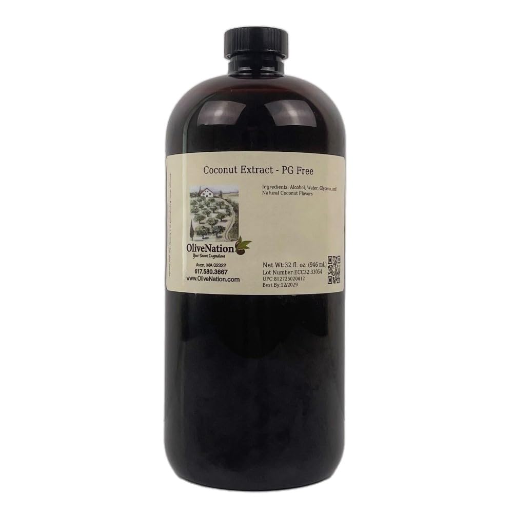 OLIVENATION Coconut Extract bottle shows a 32oz size for baking and beverages.