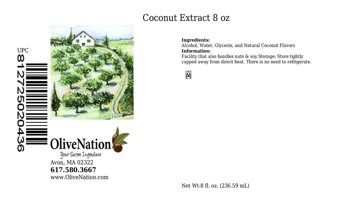  OliveNation coconut extract packaging showcasing gluten-free, sugar-free flavor enhancer for baking