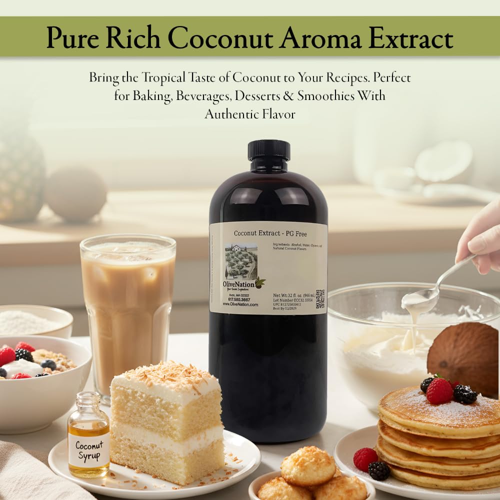 OLIVENATION Coconut Extract label closeup highlights gluten-free and sugar-free qualities.