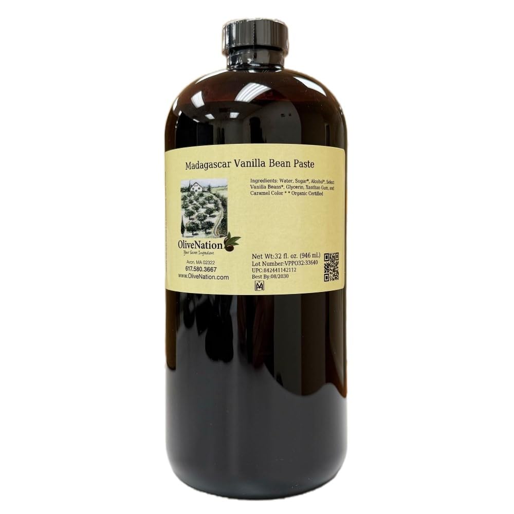 OliveNation Madagascar Vanilla Bean Paste jar with real vanilla seeds for baking.
