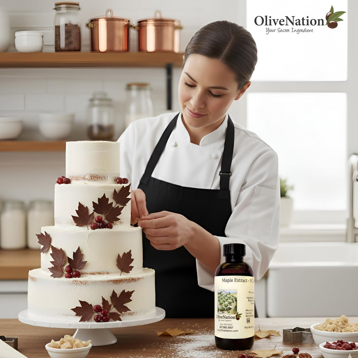 OLIVENATION Maple Flavoring bottle beside cake batter ready for baking.