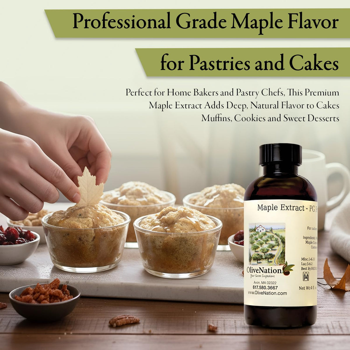OLIVENATION Maple Flavoring packaging box shows gluten-free and vegan icons.