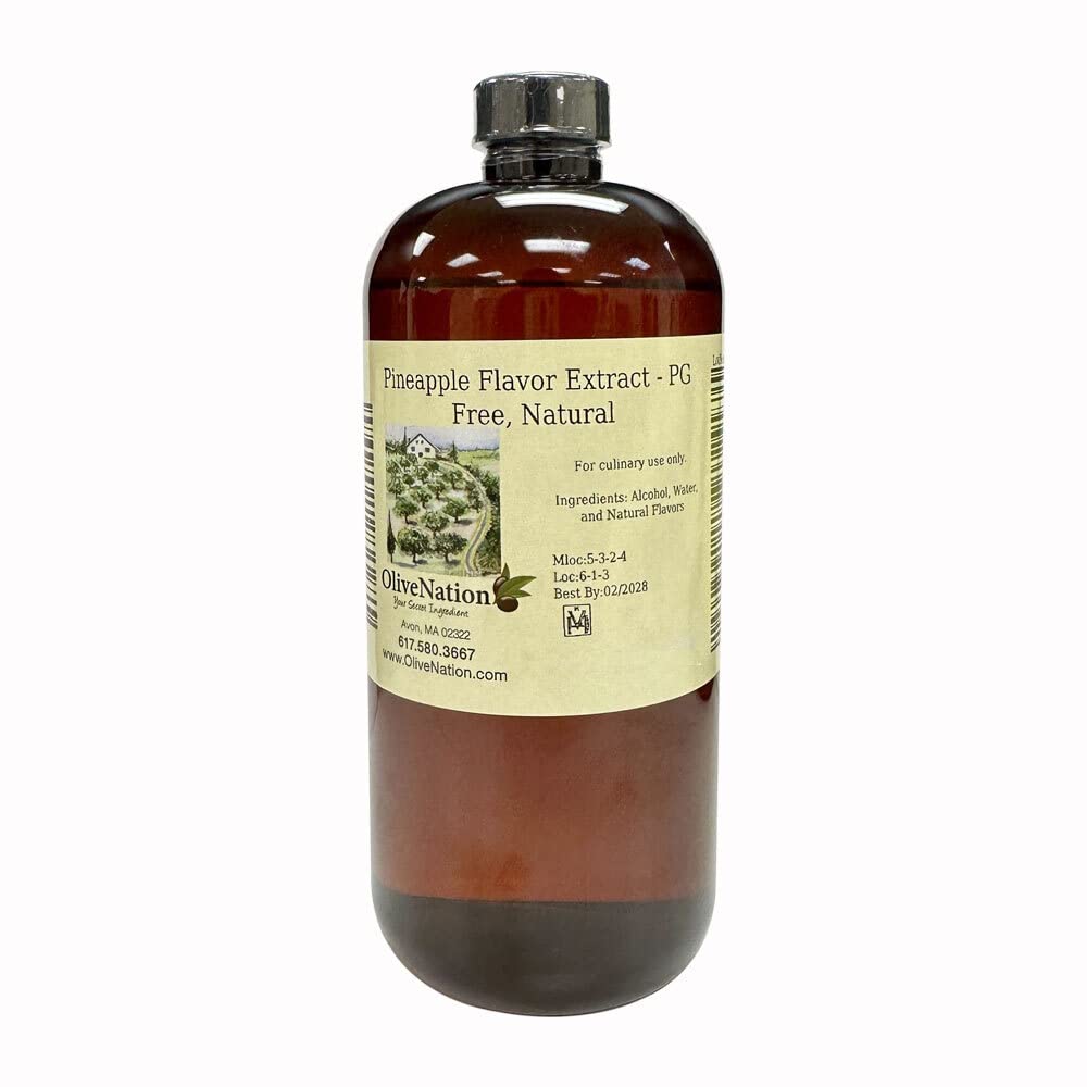 OLIVENATION pineapple extract bottle close-up, gluten-free and bake-ready flavor.