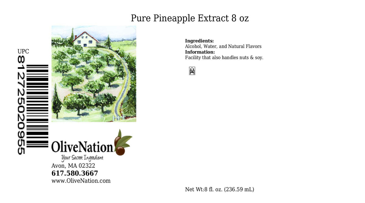 OLIVENATION pineapple extract ingredients panel, natural flavors for drinks and desserts.