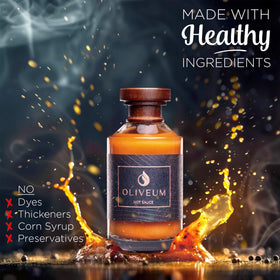 Pouring Oliveum hot sauce shows medium heat suitable for many dishes.