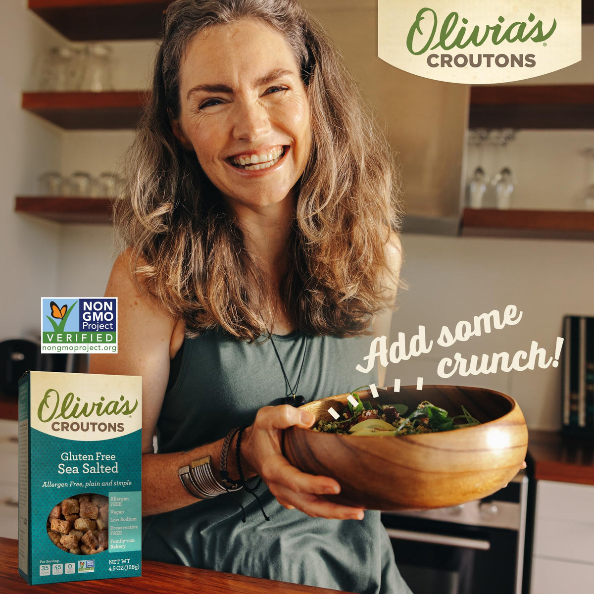 Olivia's Croutons close-up shows garlic-herb seasoning for savory crunch.