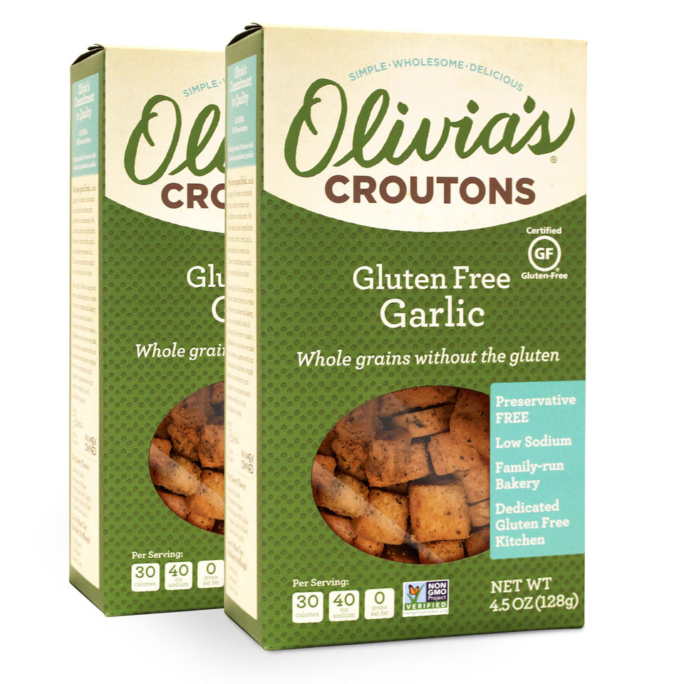 Olivia's Gluten Free Croutons crunchy garlic-soup topping adds flavorful crunch to bowls