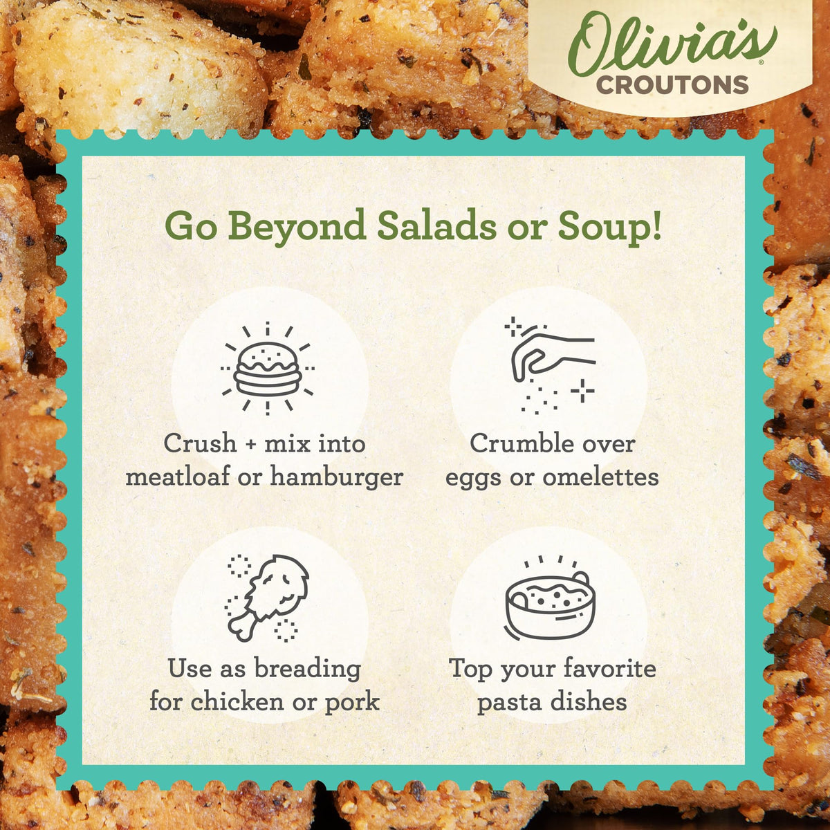 Olivia's Gluten Free Croutons dairy-free-vegetarian option adds flavor to meals