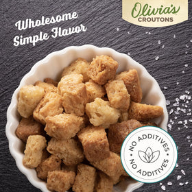 Olivia's Croutons packaging box highlights gluten-free vegetarian bread-based crunch.