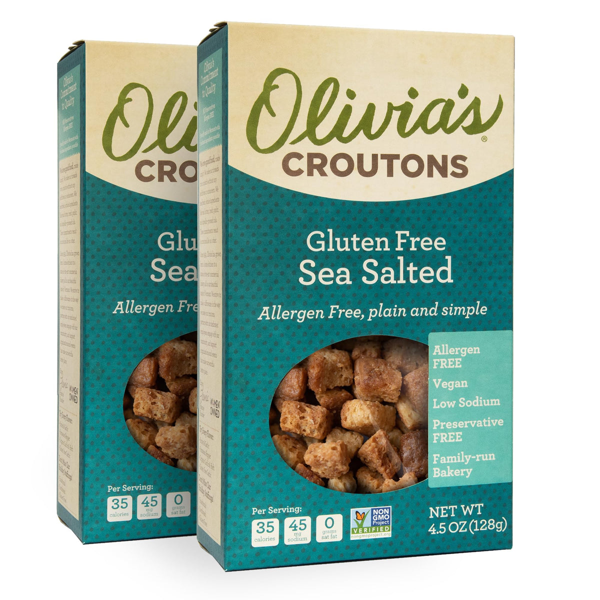 Olivia's Croutons on a vibrant salad bowl for a crispy gluten-free topping.