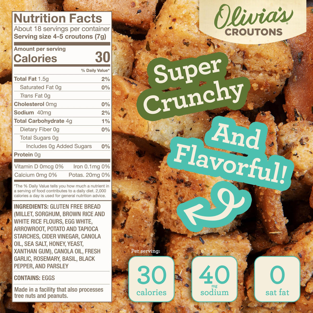 Olivia's croutons soup topper close-up, crispy texture enhances creamy bowls.
