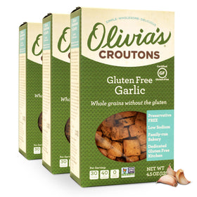 Olivia's gluten free croutons garlic close-up, savory herbs elevate soups and salads.