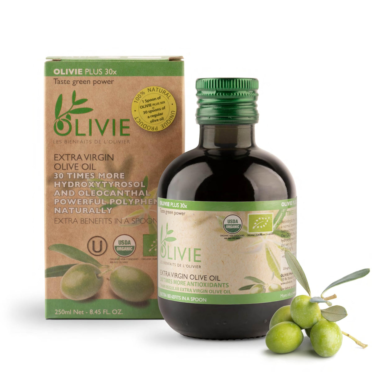 OLIVIE PLUS 30X bottle front, premium organic EVOO for everyday cooking.