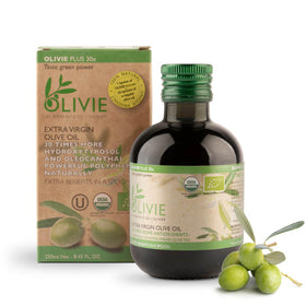 OLIVIE PLUS 30X bottle front, premium organic EVOO for everyday cooking.