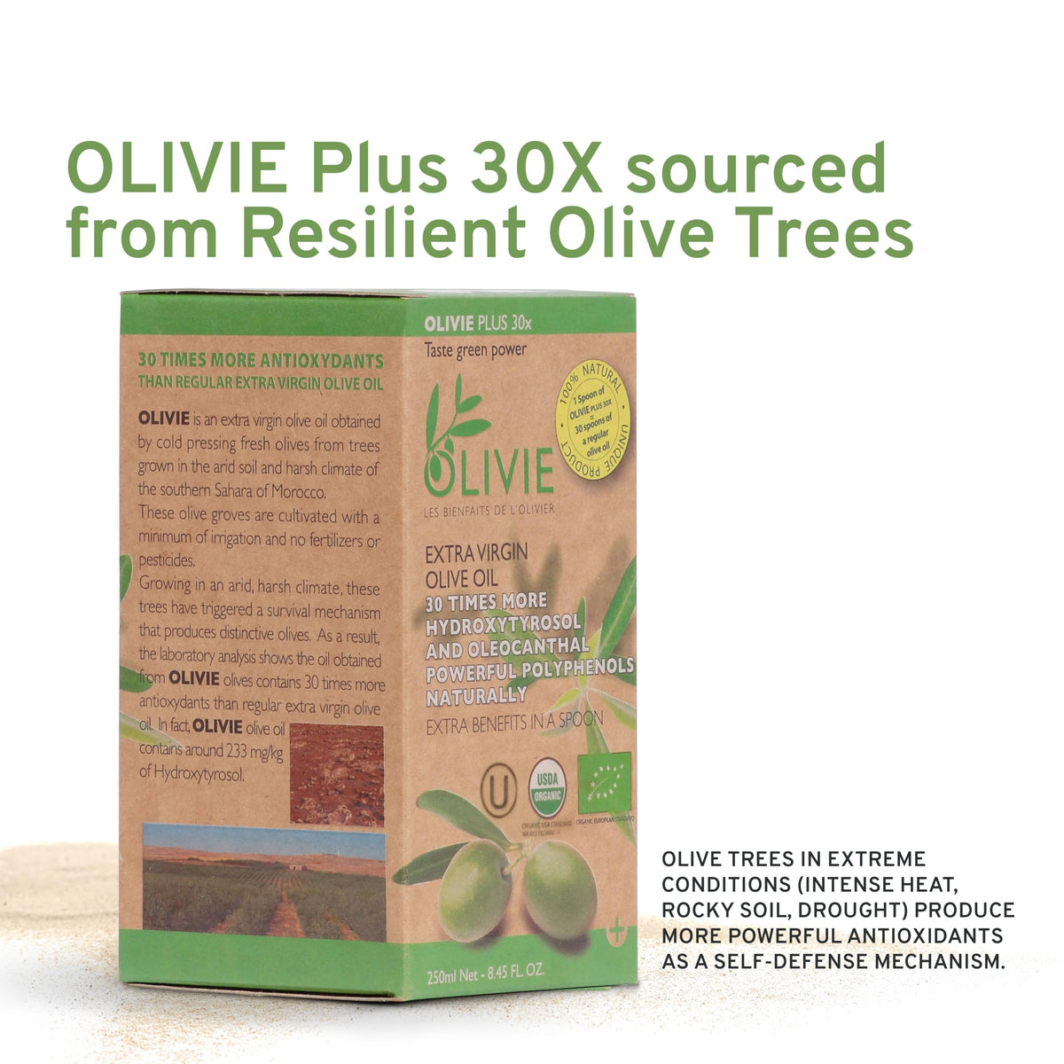 OLIVIE PLUS 30X glass bottle in kitchen showcases antioxidant-rich EVOO.