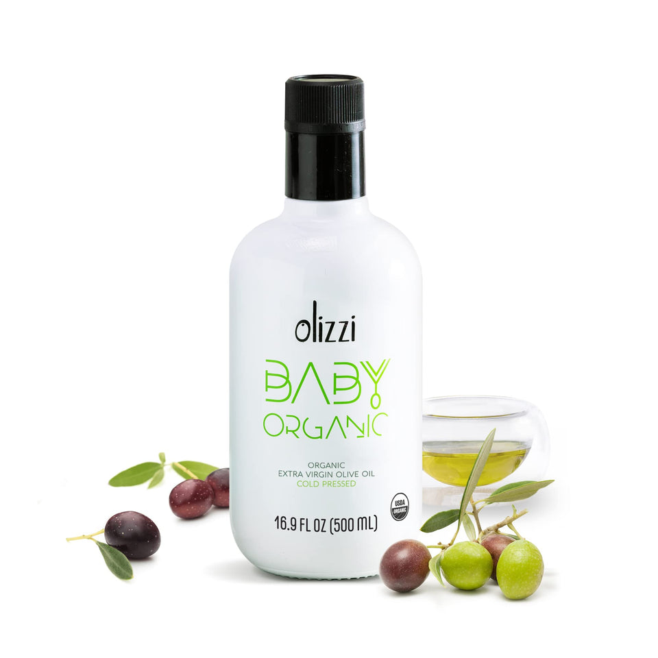 Olizzi Baby Organic EVOO bottle showing premium single-origin packaging for gentle baby meals
