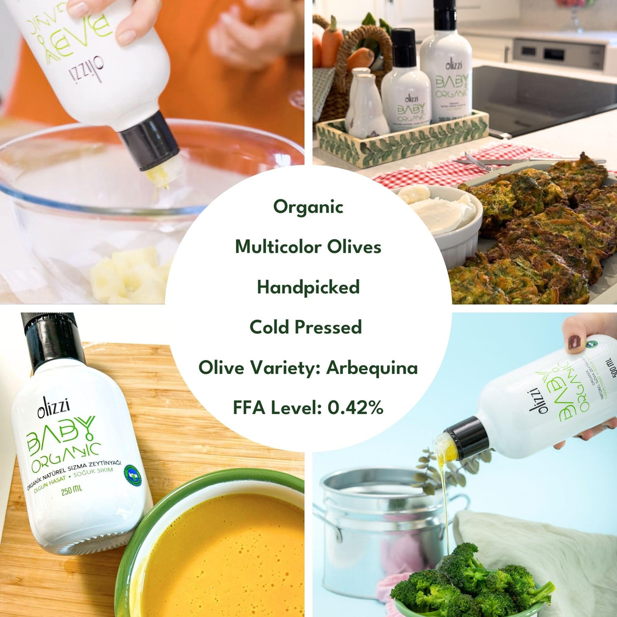 Drizzle over pureed greens with Olizzi olive oil for babies