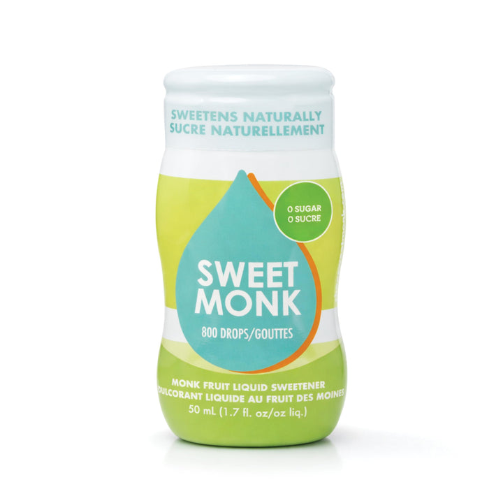 OLÜ NATURALS SweetMonk liquid bottle pour shows zero-calorie sweetness in action.