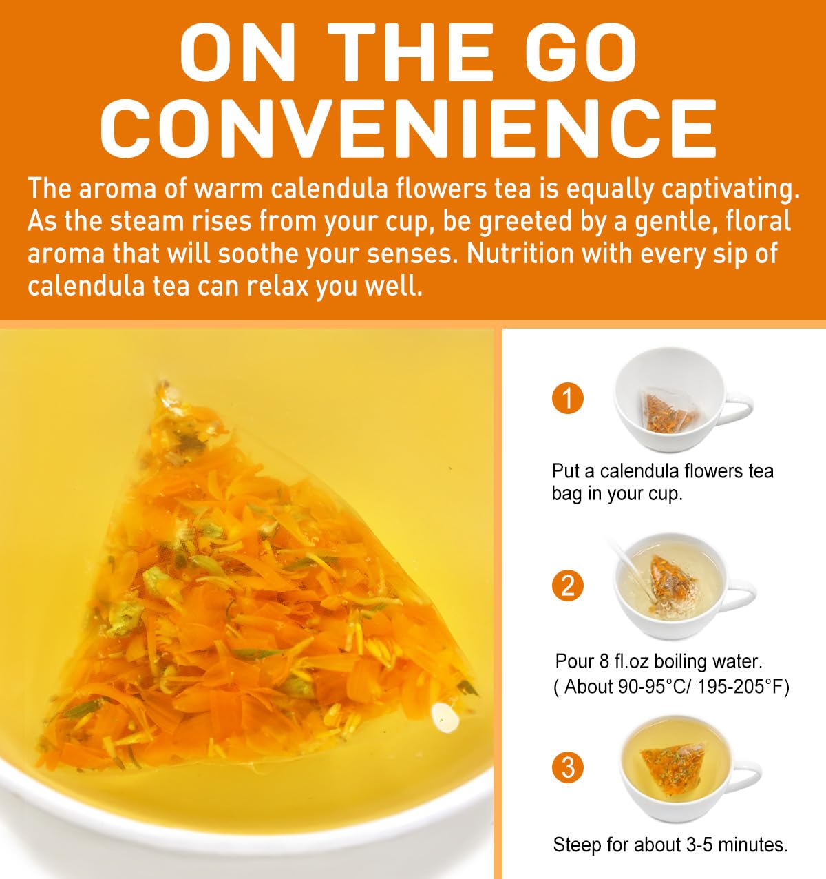 Olvvla brewed calendula tea steam suggesting relaxing evening ritual