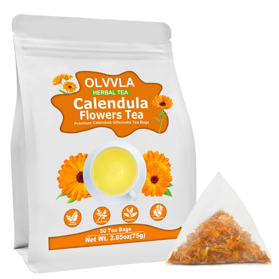 Olvvla calendula tea bag close-up highlighting natural herbs for a comforting cup