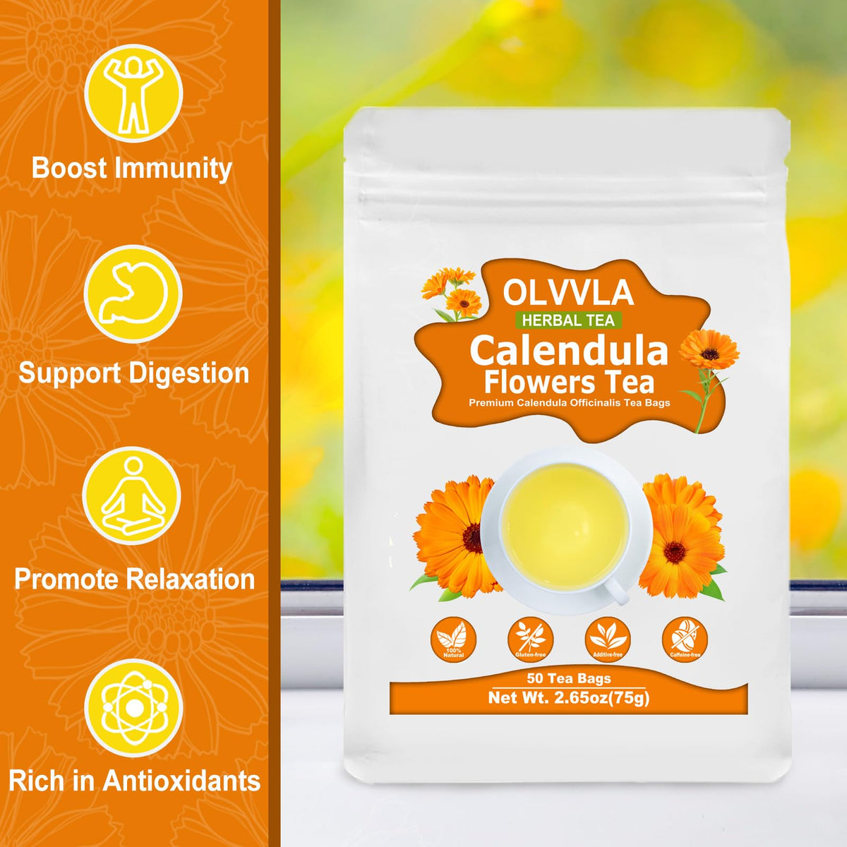 Olvvla calendula tea cup with soothing aroma and subtle flavor