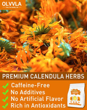 Olvvla calendula tea steeping in cup with soothing floral scent