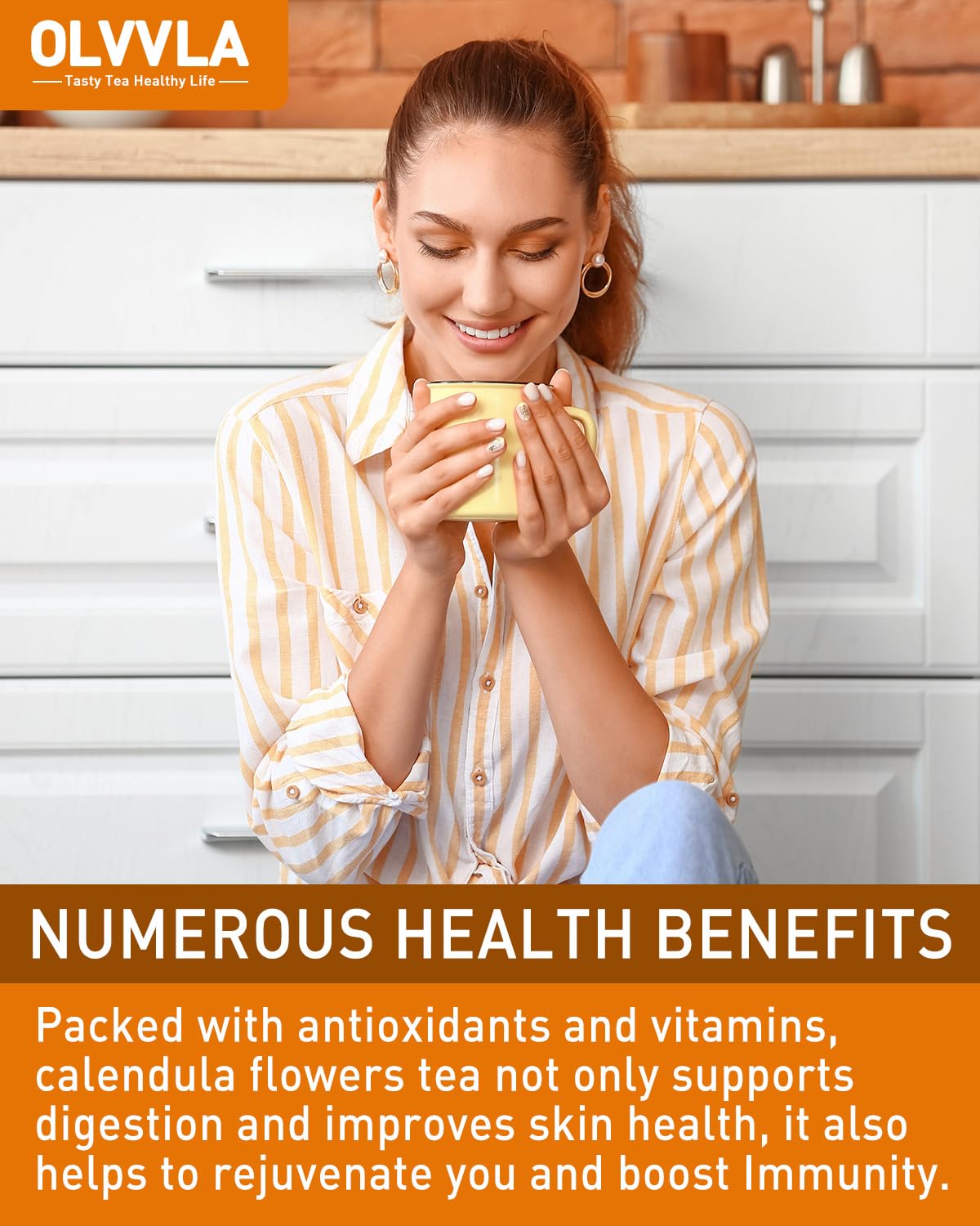 Olvvla packaging label highlights caffeine-free, non-GMO calendula tea