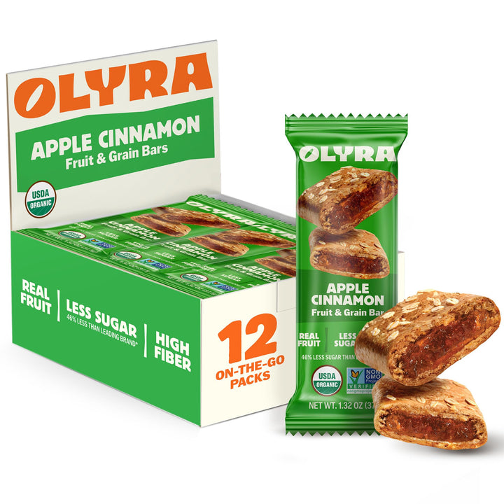 Olyra Apple and Cinnamon Fruit Bars pack, 12 bars, convenient healthy snack option.