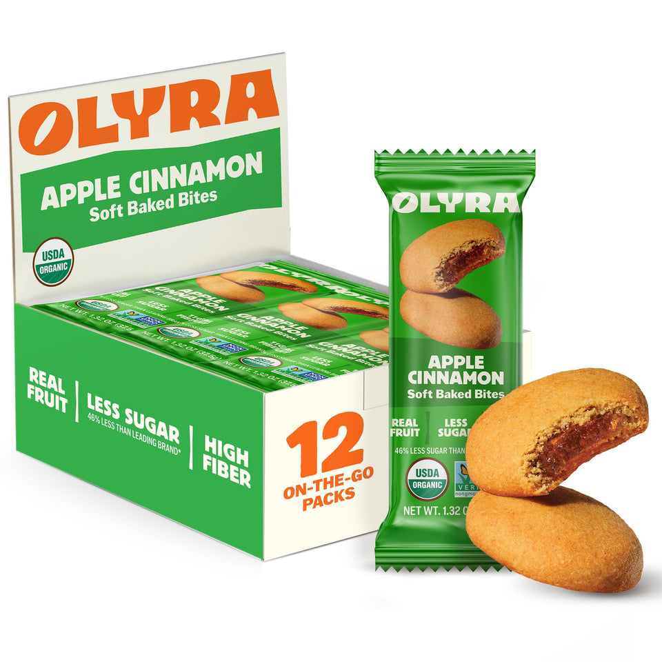 Olyra Apple and Cinnamon Fruit Bars pack, 12 bars, convenient healthy snack option.