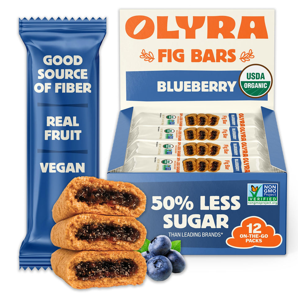 Olyra Blueberry Fig Bars pack of 12 shown for grab-and-go snacking