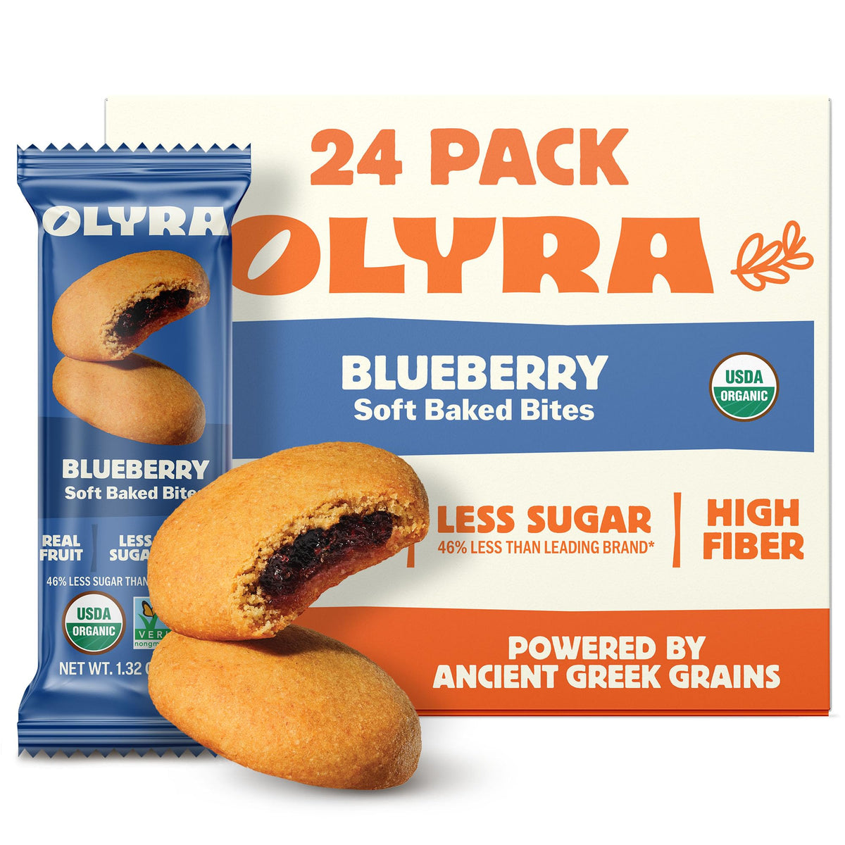 Olyra blueberry soft-baked bars pack front, convenient on-the-go health snack.