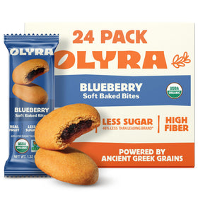 Olyra blueberry soft-baked bars pack front, convenient on-the-go health snack.