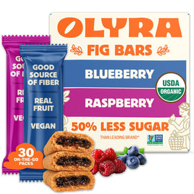 Olyra Fig Bars Variety Pack Box shows organic, low-sugar snacks for kids and adults.