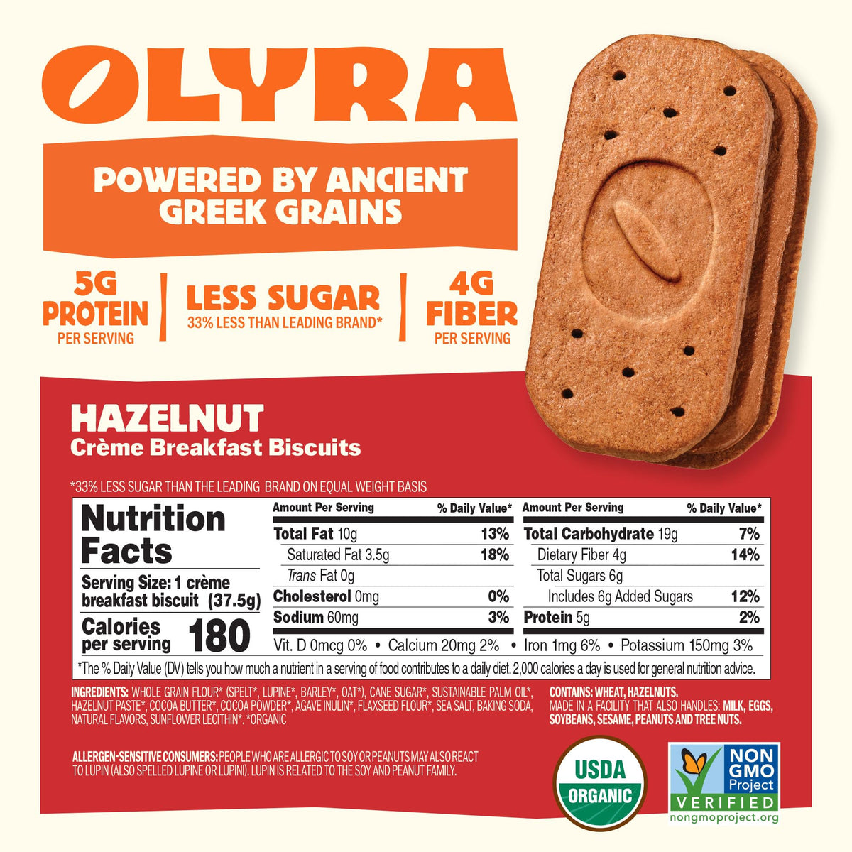 Close-up of Olyra biscuits highlighting rich hazelnut cocoa flavors.